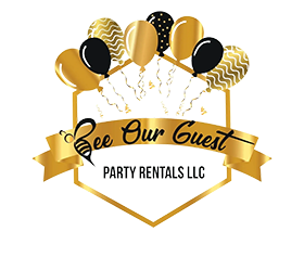 A gold and black logo for party rentals