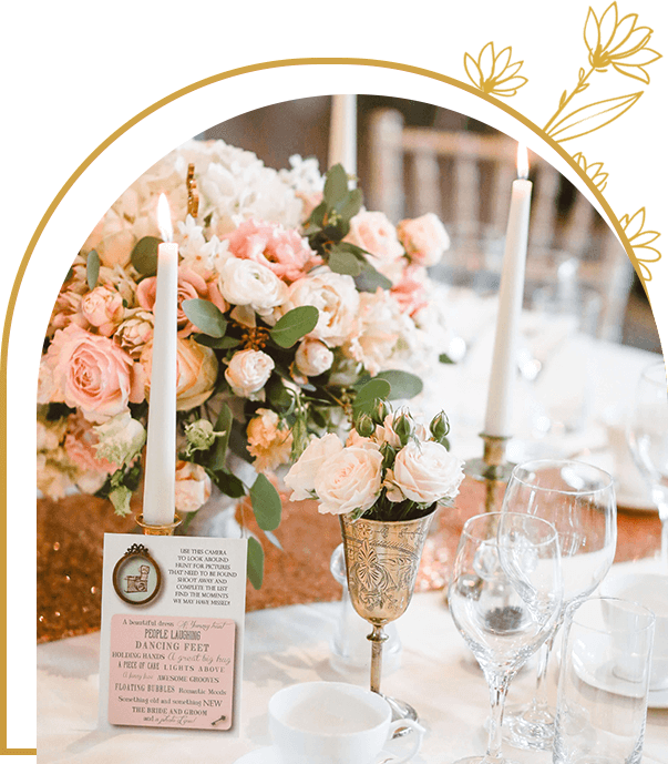 A table with flowers and candles on it